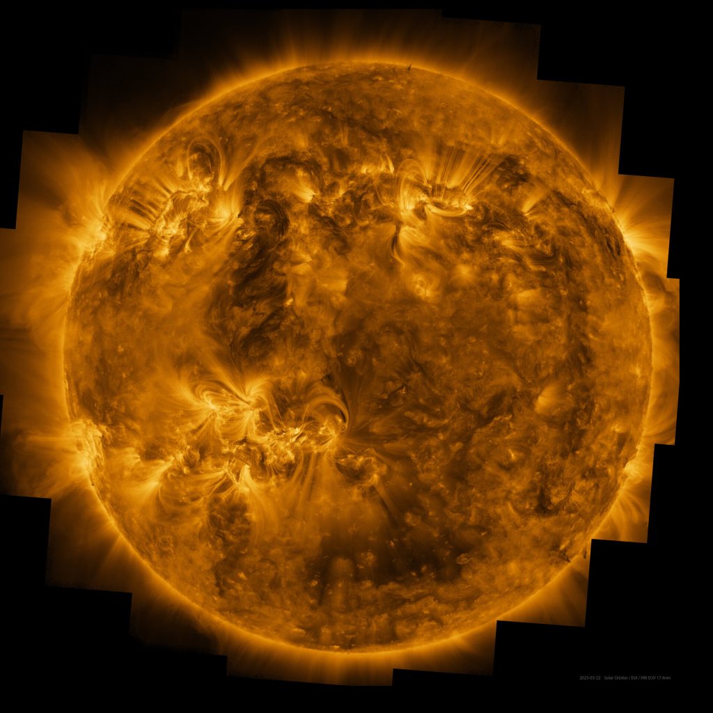 An image of the Sun in ultraviolet light, taken by Solar Orbiter's EUI instrument