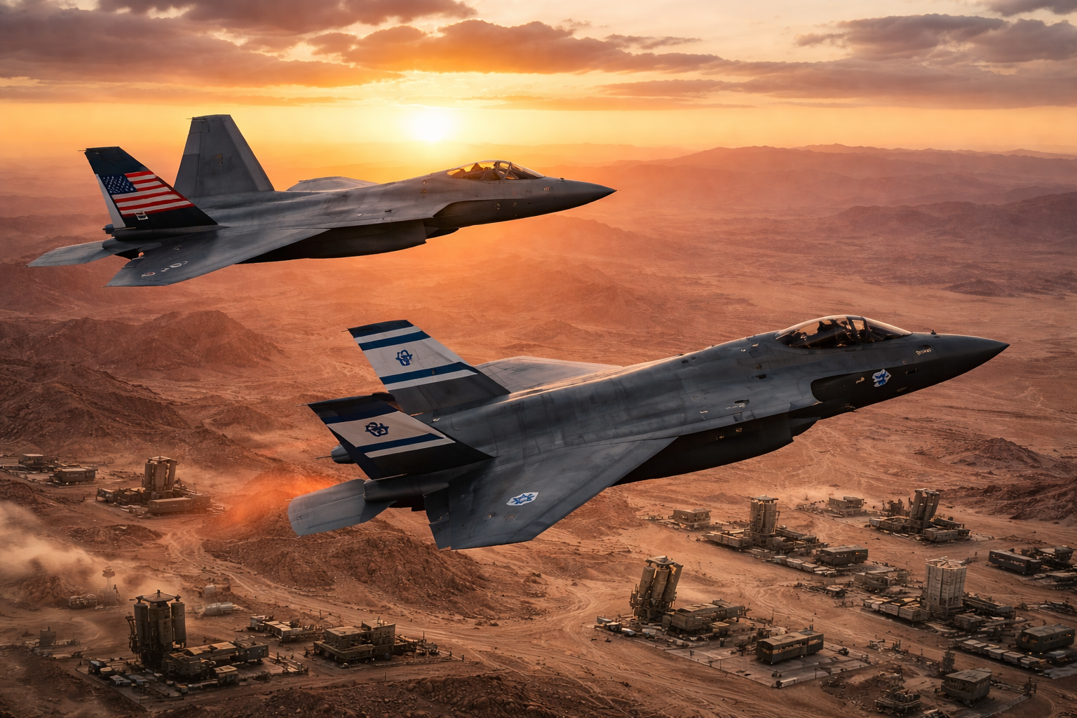 F-35 and F-22 stealth fighters flying in formation during joint Operation Epic Fury