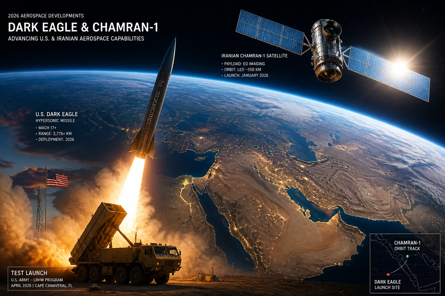 Dark Eagle hypersonic missile launch and Iranian Chamran-1 satellite depicting 2026 US-Iran aerospace developments