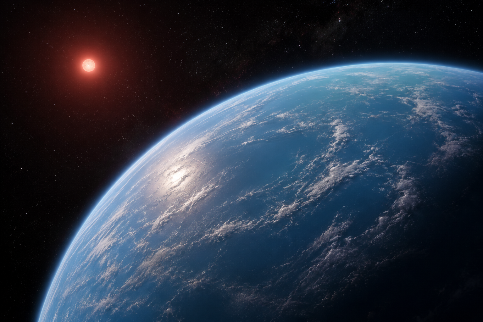 Artist concept of super-Earth exoplanet LHS 1140 b with possible liquid water and Earth-like atmosphere orbiting a red dwarf star
