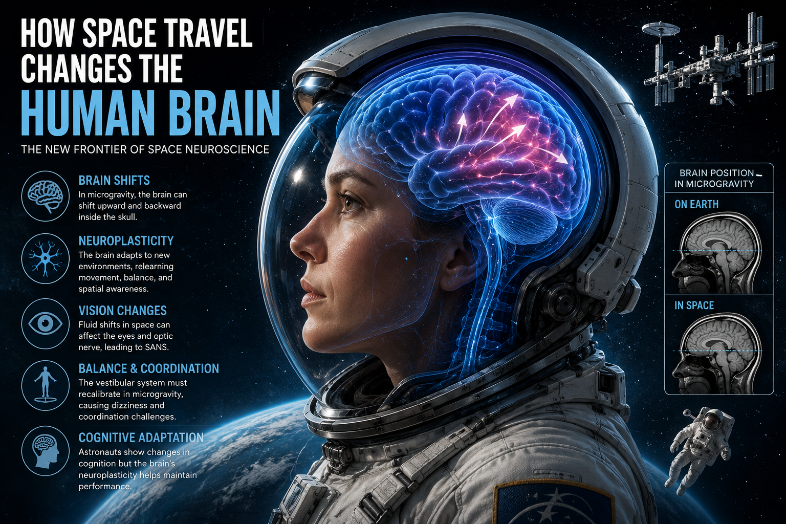 Astronaut with a visualized human brain showing neurological changes caused by microgravity during long-duration space travel